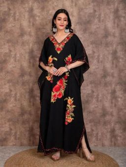 Kashmir Box - Floral Embroidered Kimono Sleeve Maxi Kaftan