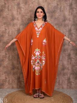 Kashmir Box - Floral Embroidered Kimono Sleeve Maxi Kaftan