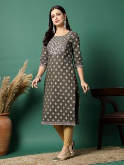 Rama's - Women Grey Color Embroidery Printed Straight Kurta
