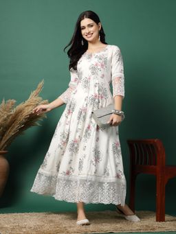 Rama's - Women White Color Floral Printed Anarkali Kurta