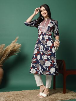 Rama's - Women Blue Color Embroidery Printed A-Line Kurta