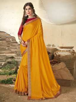 Odette - Mustard Vichitra Solid Pattern Saree with Unstitched Blouse