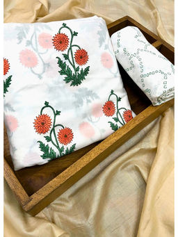 Palash - White Hand Printed Cotton Top and Bottom Fabric (Set of 2)