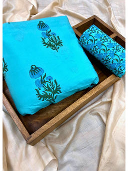 Palash - Blue Hand Printed Cotton Top and Bottom Fabric (Set of 2)
