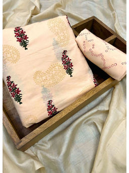 Palash - Beige Hand Printed Cotton Top and Bottom Fabric (Set of 2)