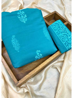 Palash - Teal Hand Printed Cotton Top and Bottom Fabric (Set of 2)