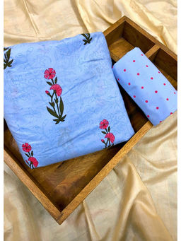 Palash - Blue Hand Floral Cotton Top and Bottom Fabric (Set of 2)
