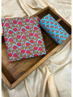 Palash - Blue Hand Floral Cotton Top and Bottom Fabric (Set of 2)