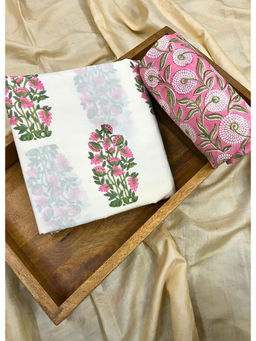 Palash - White Hand Floral Cotton Top and Bottom Fabric (Set of 2)