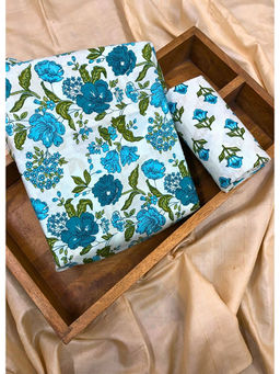 Palash - White Hand Floral Cotton Top and Bottom Fabric (Set of 2)