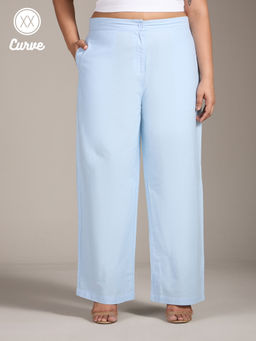 Twenty Dresses by Nykaa Fashion - Curve Sky Blue Solid Straight Fit Linen Pants