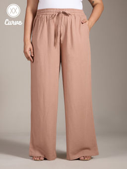 Twenty Dresses by Nykaa Fashion - Curve Khaki Brown Solid Mid Waist Straight Linen Pants