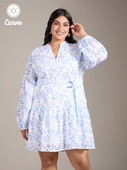 Twenty Dresses by Nykaa Fashion - Curve White Blue Embroidered Short Dress with Belt (Set of 2)