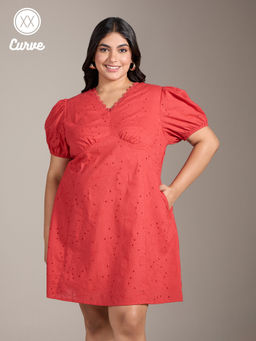 Twenty Dresses by Nykaa Fashion - Curve Red Schiffli Embroidered Puff Sleeves Mini Dress
