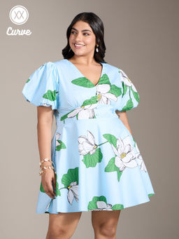 Twenty Dresses by Nykaa Fashion - Curve Light Blue Floral V Neck Puff Sleeves Short Dress