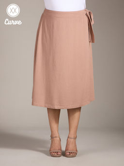 Twenty Dresses by Nykaa Fashion - Curve Khaki Brown A Line Wrap Linen Midi Skirt
