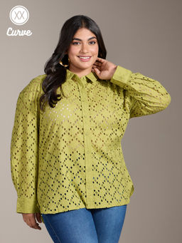 Twenty Dresses by Nykaa Fashion - Curve Lime Green Pointed Collar Full Sleeves Schiffli Shirt