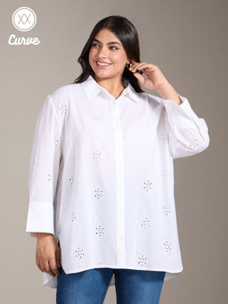 Twenty Dresses by Nykaa Fashion - Curve White Floral Embroidered Broad Cuffs Schiffli Shirt