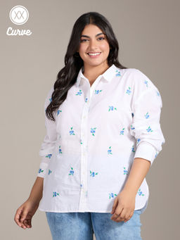Twenty Dresses by Nykaa Fashion - Curve White Floral Embroidery Pointed Collar Shirt