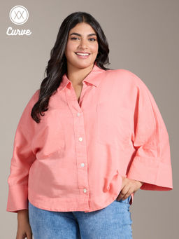 Twenty Dresses by Nykaa Fashion - Curve Pink Solid Spread Collar Shirt