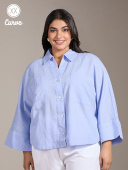 Twenty Dresses by Nykaa Fashion - Curve Light Blue Solid Spread Collar Shirt