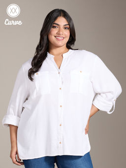 Twenty Dresses by Nykaa Fashion - Curve White Solid Mandarin Collar Roll Up Sleeves Shirt