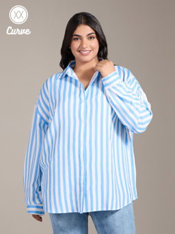 Twenty Dresses by Nykaa Fashion - Curve Sky Blue And White Striped Pointed Collar Shirt