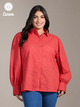 Twenty Dresses by Nykaa Fashion - Curve Red Schiffli Embroidered Full Sleeves Shirt
