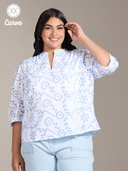 Twenty Dresses by Nykaa Fashion - Curve White and Blue Schiffli Embroidered Puff Sleeve Top