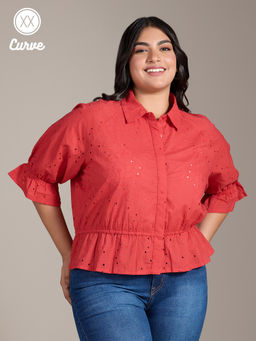 Twenty Dresses by Nykaa Fashion - Curve Red Schiffli Embroidered Ruffled Sleeve Peplum Top