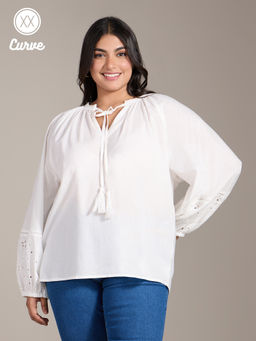 Twenty Dresses by Nykaa Fashion - Curve White Schiffli Embroidered Puffed Full Sleeves Top
