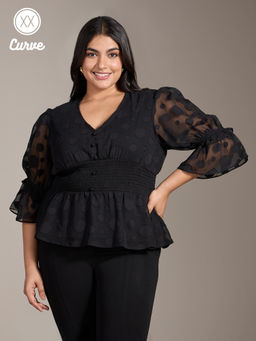 Twenty Dresses by Nykaa Fashion - Curve Black Textured Short Puff Sleeves Peplum Top