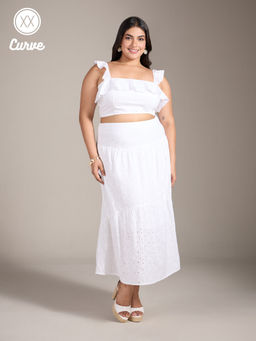 Twenty Dresses by Nykaa Fashion - Curve White Ruffled Crop Top Midi Skirt Co Ord (Set of 2)