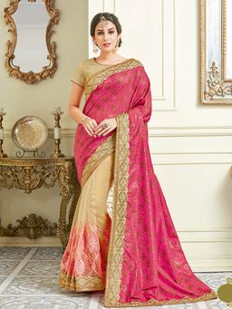 Odette - Pink Off-White Silk Net Designer Saree with Unstitched Blouse