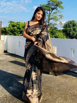 Akhilam - Women's Linen Black Woven Design Woven Saree with Unstitched Blouse