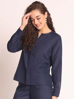 AOBA - Women Blue Mandarin Collar Long Sleeves Top