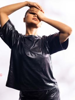 AOBA - Women Black Boat Neck Regular Fit Leather T-Shirt