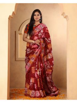 Mayurie - Lisa Chanderi Batik Print Saree with Unstitched Blouse, Maroon