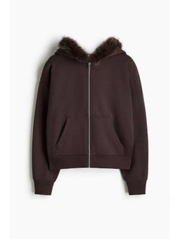 H&M - Women Brown Fluffy-Trim Zip-Through Hooded Jacket