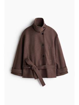 H&M - Women Brown Funnel-Collar Tie-Belt Jacket