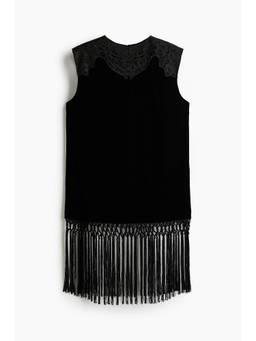 H&M - Women Black Fringed Lace-Detail Velvet Top