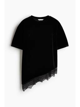 H&M - Women Black Lace-Trimmed Velour Top