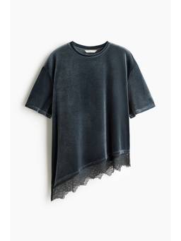 H&M - Women Grey Lace-Trimmed Velour Top