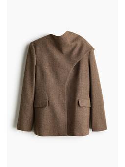 H&M - Women Brown Herringbone-Weave Scarf-Collar Blazer