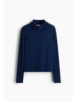 H&M - Women Blue Button-Detail Roll-Neck Top