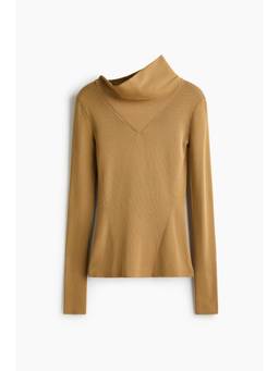 H&M - Women Mustard Asymmetric-Collar Rib-Knit Top