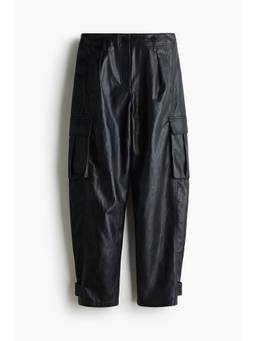 H&M - Women Black Coated Cargo Trousers