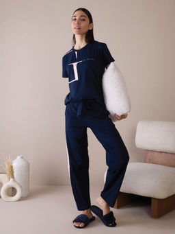 Sweet Dreams - Women Navy Blue Solid T-Shirt with Pyjama (Set of 2)