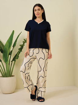 Sweet Dreams - Women Navy Blue Solid T-Shirt with Pyjama (Set of 2)