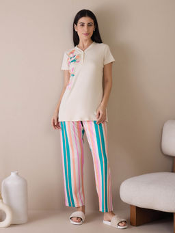 Sweet Dreams - Women Beige Floral T-Shirt with Pyjama (Set of 2)